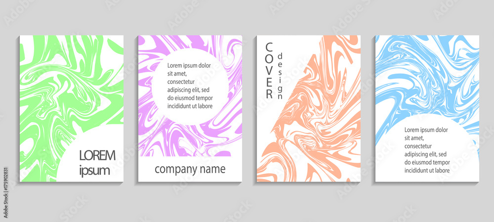 Marble texture covers set. Artistic covers design. Creative fluid colors backgrounds. Vector templates for placards, banners, flyers, presentations and reports