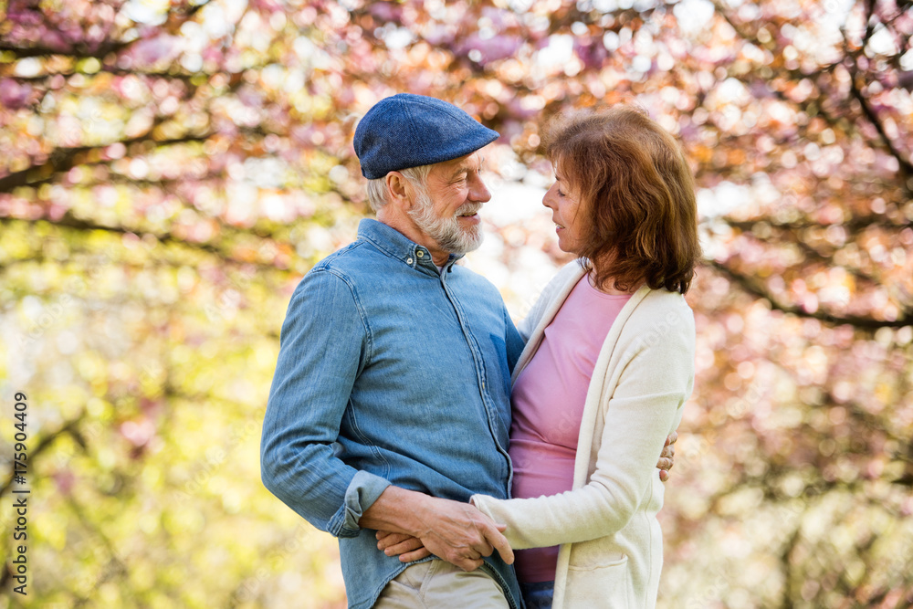 Beautiful senior couple in love outside in spring nature. Beautiful senior couple in love outside in spring nature.