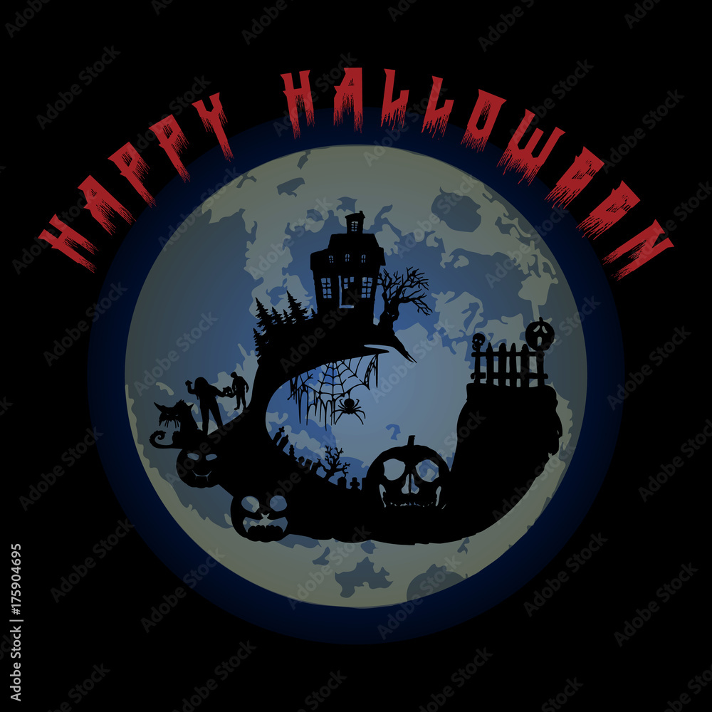 Halloween party. Pumpkin, castle, trees, bats and full moon. Halloween poster. Vector illustration.