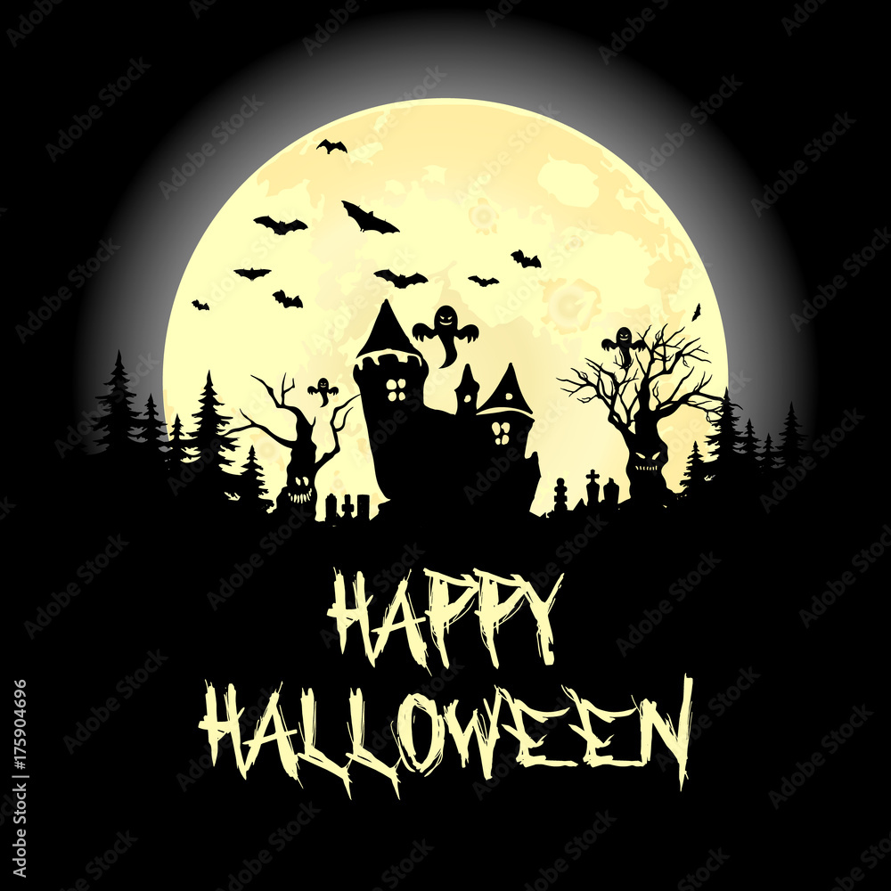 Halloween party. Pumpkin,  trees, bats and full moon. Halloween poster. Vector illustration.
