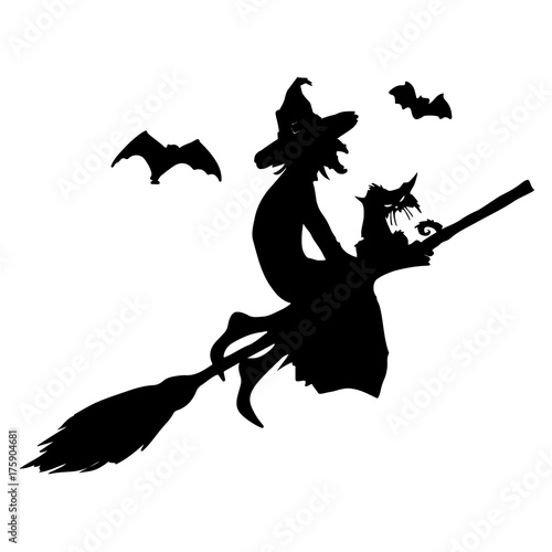 Halloween party.Witch with a cat on a broom and bats. Halloween poster. Vector illustration.