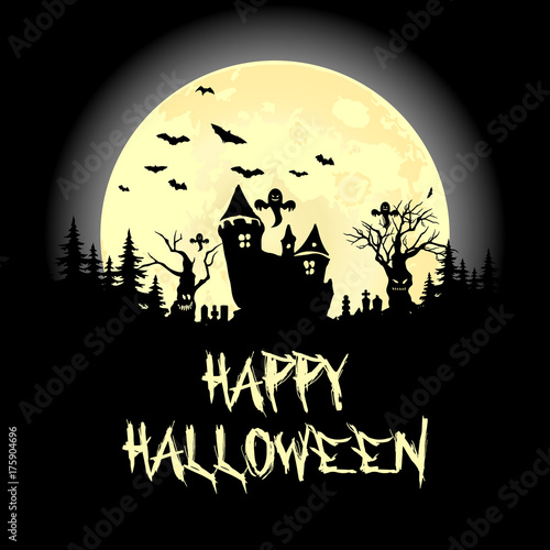 Halloween party. Pumpkin   trees  bats and full moon. Halloween poster. Vector illustration.