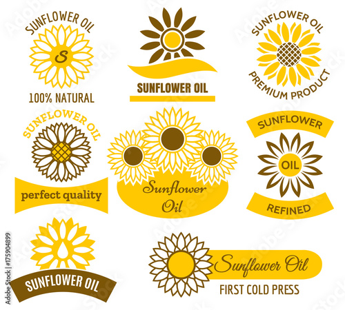 Sunflower oil logo set. Vector sunflowers sun field plants labels and emblems set