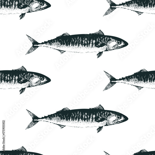 Mackerel seamless pattern. Hand drawn retro vector illustration. Fish silhouette