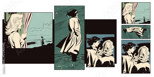 Sad young woman on coast sea. Stock illustration.