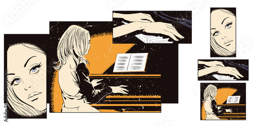 Collage on theme music.Girl at the piano. Stock illustration.