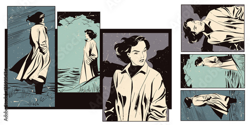 Sad young woman on coast sea. Stock illustration.