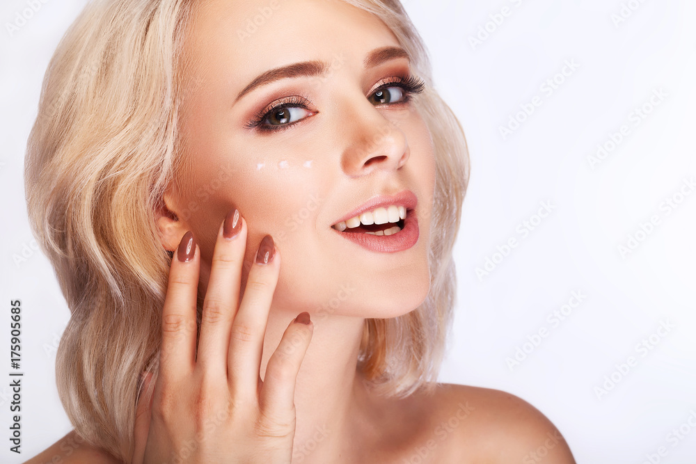 Woman Beauty Face. Portrait Girl With Soft Skin, Natural Makeup