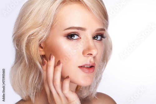 Woman Beauty Face. Portrait Girl With Soft Skin  Natural Makeup