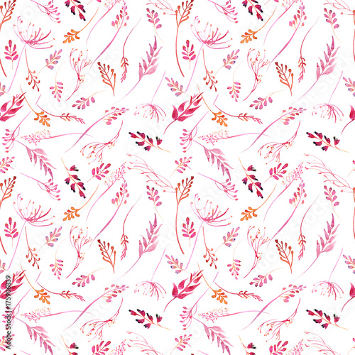 Romantic watercolor pink branch and flowers collection seamless pattern