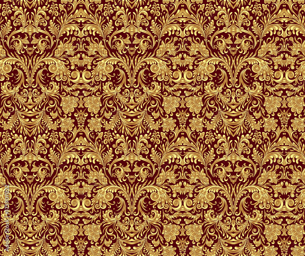 Seamless background of gold on vinous color in the style of Damascus. Vintage ornament. Use for wallpaper, printing on the packaging paper, textiles.