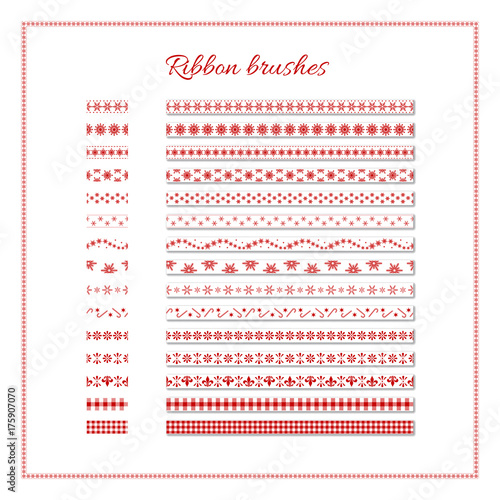 New Year ribbon brushes. Set of red and white decorative ribbons. Vector Christmas or New Year design element.