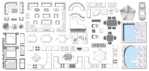Set top view for interior icon design. Elements for living room, bedroom, kitchen, bathroom. Floor plan. Furniture store. Vector Illustration.