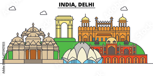 India, Delhi, Hinduism. City skyline, architecture, buildings, streets, silhouette, landscape, panorama, landmarks. Editable strokes. Flat design line vector illustration concept. Isolated icons