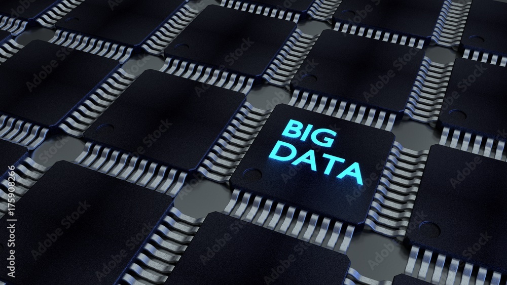 Obraz premium Glowing blue word big data on a cpu in a black chip network