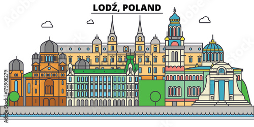 Poland, Lodz. City skyline, architecture, buildings, streets, silhouette, landscape, panorama, landmarks. Editable strokes. Flat design line vector illustration concept. Isolated icons