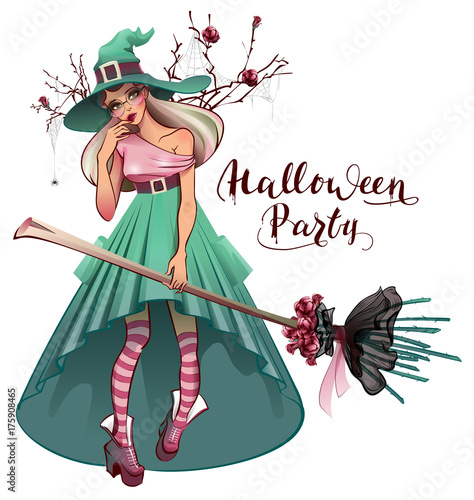 Cosplay fashionable dress for Halloween party. Beautiful young woman witch with broom
