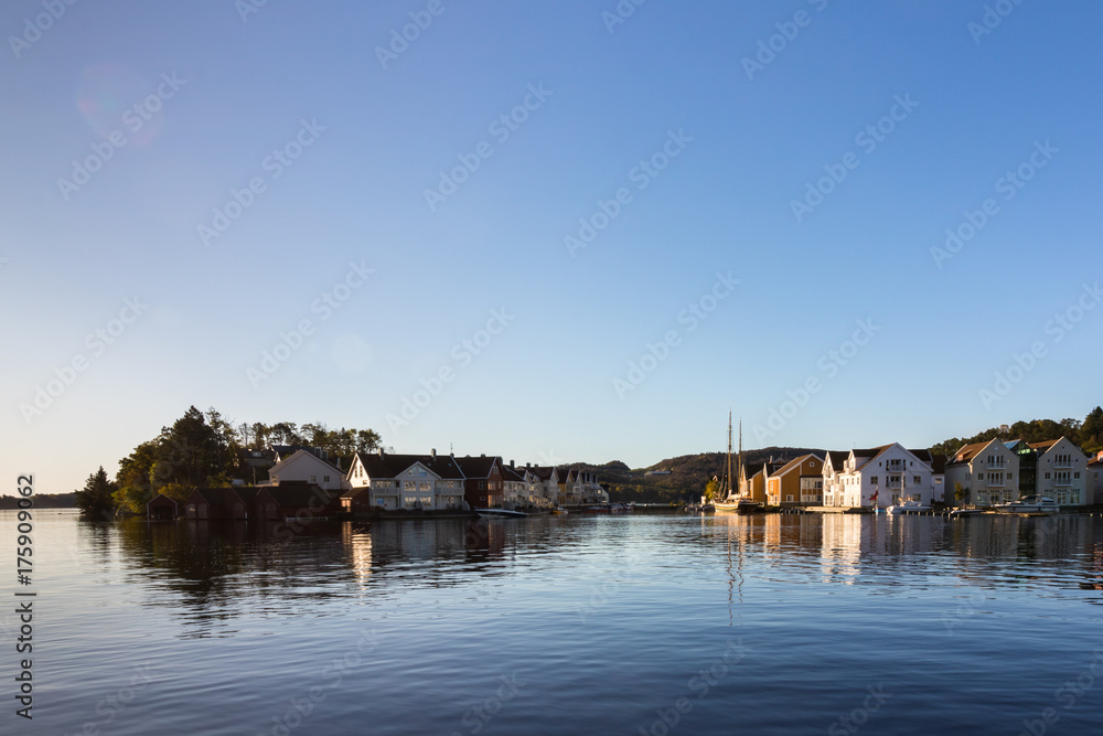 Farsund, view from the ocean, small city in Norway