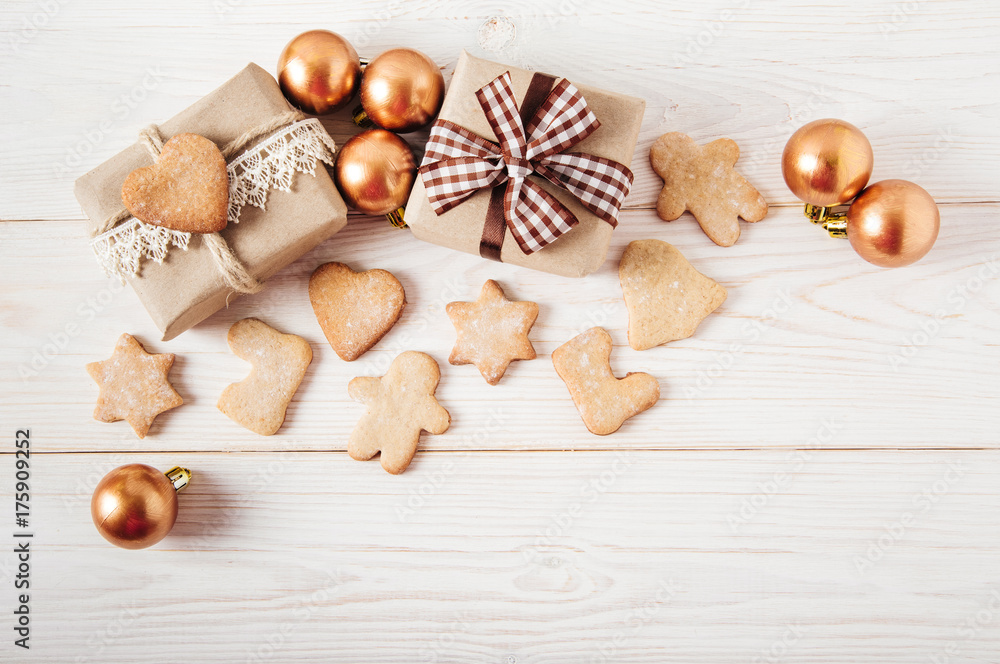 Christmas gingerbread,star shaped and fir branch.Holiday,new year,Christmas concept.White background.Flat lay. Christmas gingerbread,star shaped and fir branch.Holiday,new year,Christmas concept.White background.Flat lay.
