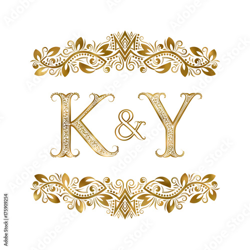 K and Y vintage initials logo symbol. The letters are surrounded by ornamental elements. Wedding or business partners monogram in royal style.