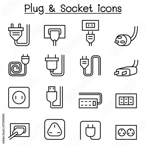 Plug & Socket icon set in thin line style