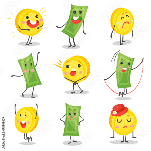 Cute funny banknotes and coins humanized characters showing various emotions set, money and finance concept cartoon vector Illustrations