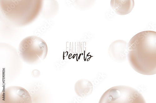 Flying (falling) beige, natural pearls with dew water drops, sparkles, shine, glow, reflection and blur effect on white background. Luxury jewelry pattern, beautiful pearls. Vector illustration