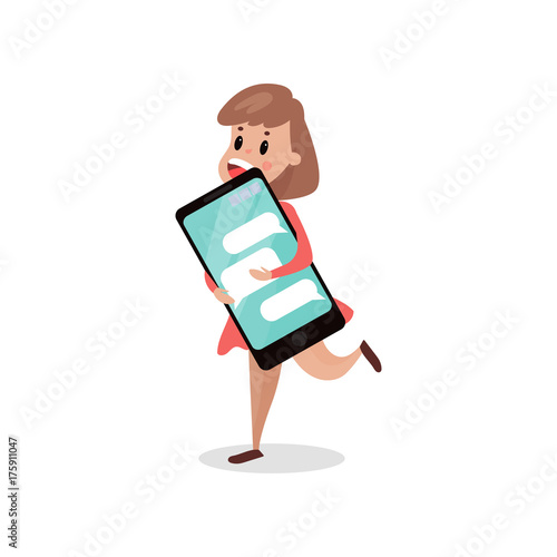 Young woman running with giant smartphone, internet addiction cartoon vector Illustration