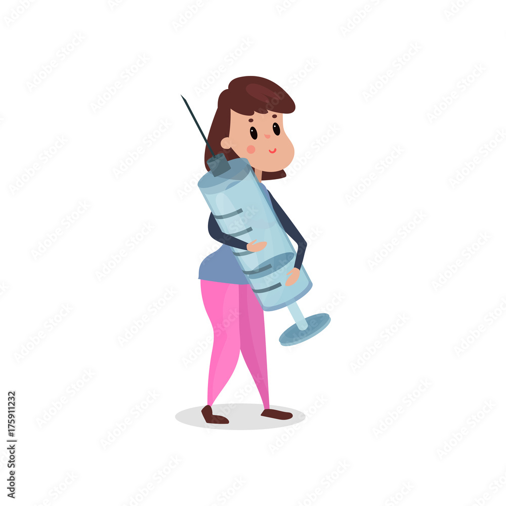 Young woman holding giant syringe, harmful habit and addiction cartoon vector Illustration