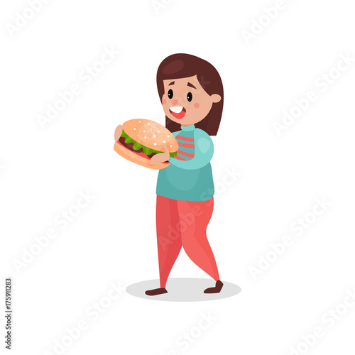 Young fat woman eating giant burger, harmful habit and addiction cartoon vector Illustration