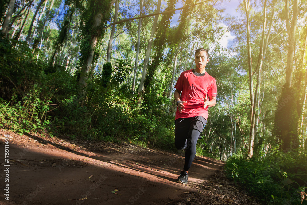 man in red t-shirt runner athlete running on forest trail. motion movement man in red t-shirt runner athlete running on forest trail. motion movement