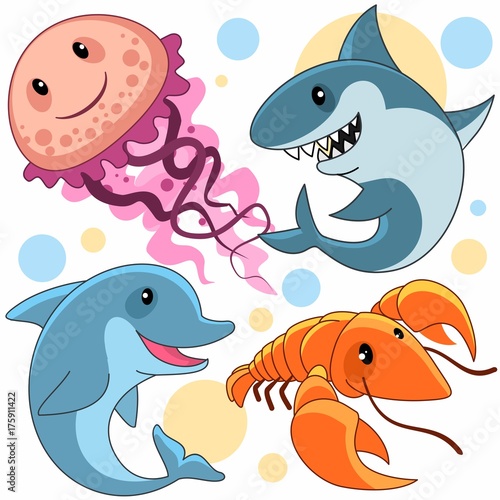 Мультяшный набор векторных картинок с морскими животными для детей. Изображение медузы, акулы, дельфина и рака.