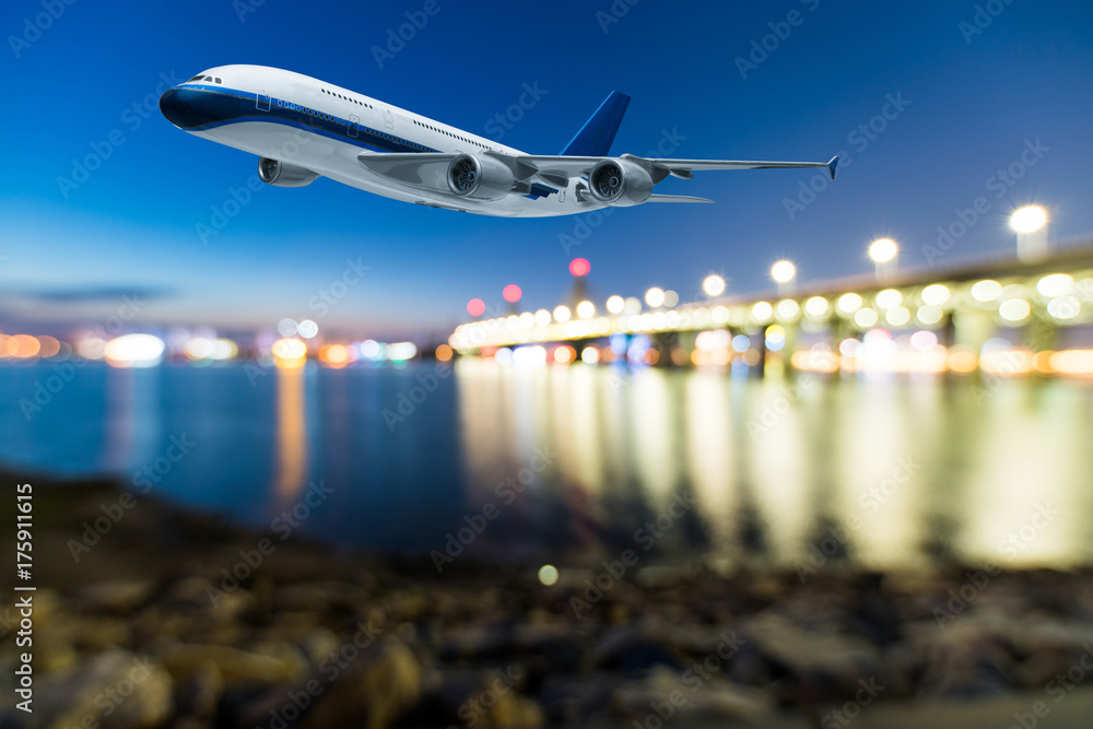 perspective view of jet airliner in flight with bokeh background perspective view of jet airliner in flight with bokeh background