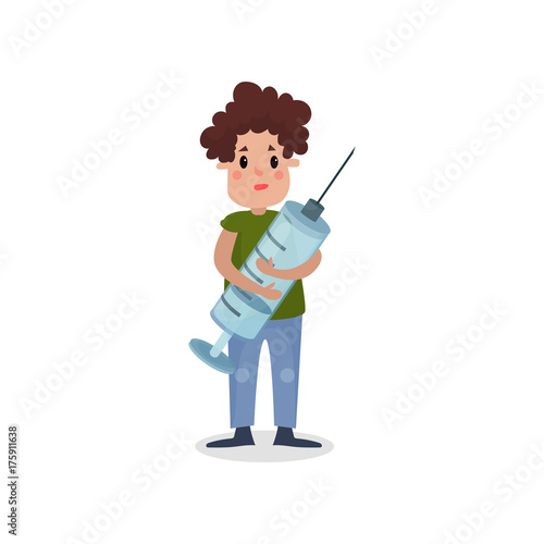 Young man holding giant syringe, harmful habit and addiction cartoon vector Illustration