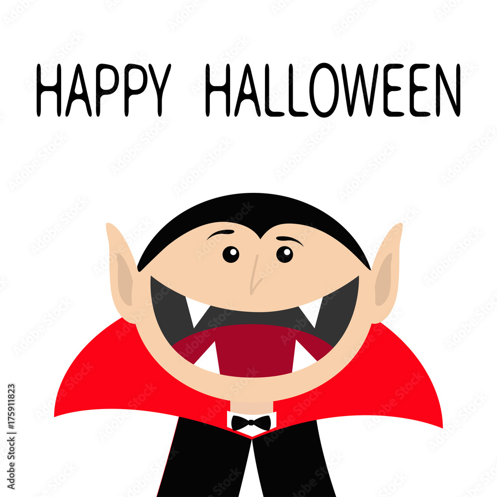 Happy Halloween. Count Dracula head face wearing black and red cape. Cute cartoon vampire character with fangs. Big mouth. Greeting card. Flat design. White background. Isolated. Happy Halloween. Count Dracula head face wearing black and red cape. Cute cartoon vampire character with fangs. Big mouth. Greeting card. Flat design. White background. Isolated.