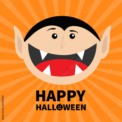 Happy Halloween pumpkin text. Count Dracula head face. Cute cartoon vampire character with fangs. Big mouth tongue. Baby greeting card. Flat design. Orange starburst background. Isolated.