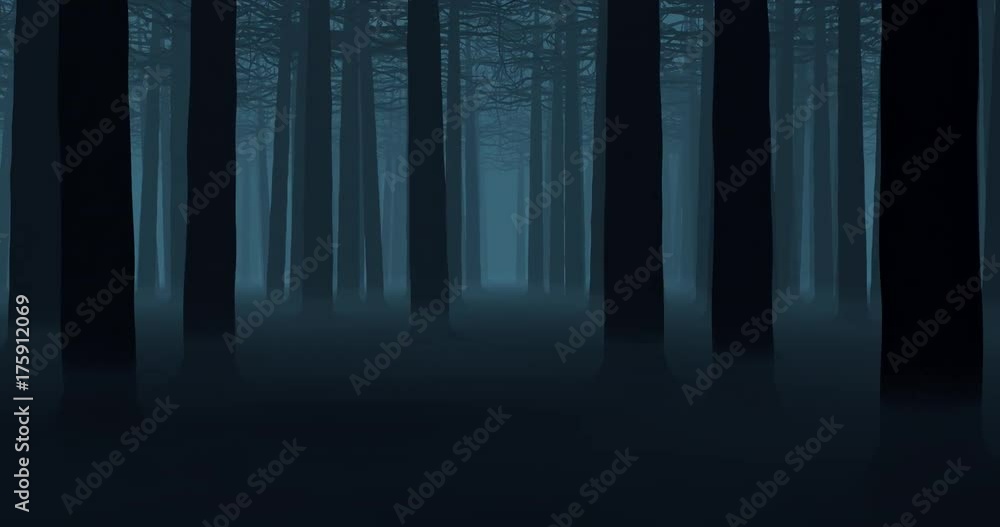Spooky forest loop / 3D animation of endless camera pan through dark misty forest