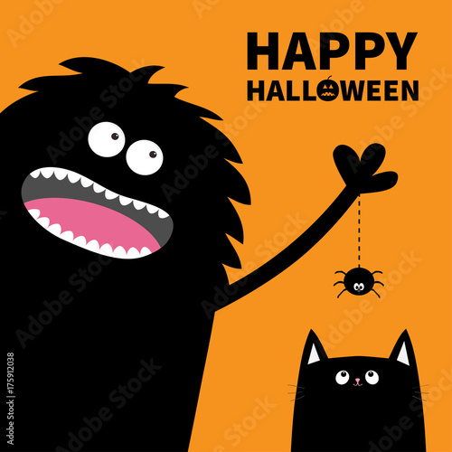 Happy Halloween pumpkin text. Black monster holding dash line web spider insect. Cat face head silhouette looking up. Cute cartoon character. Baby pet animal collection. Flat design Orange background.