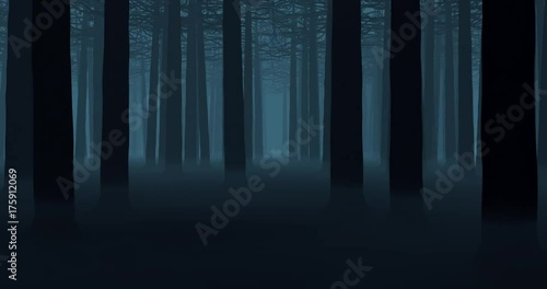 Spooky forest loop / 3D animation of endless camera pan through dark misty forest