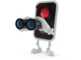 Red traffic light character looking through binoculars