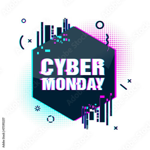 Template design geometric web banner for cyber monday offer. Promotion design in glitch style with geometric particle for cyber sale.