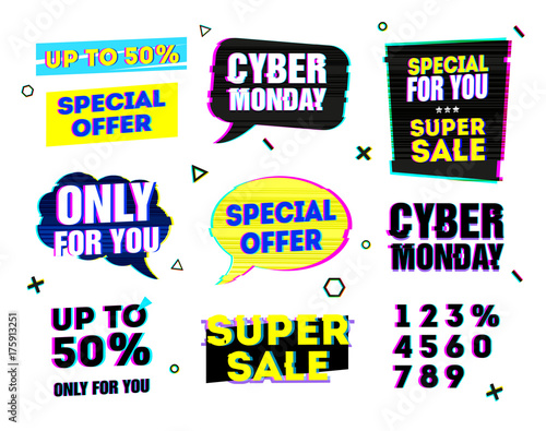 Set design template for cyber monday offer. Sign for web banner and promotion with bubble and geometric frame in glitch style. 
Computer style element for cyber sale event.  Vector 