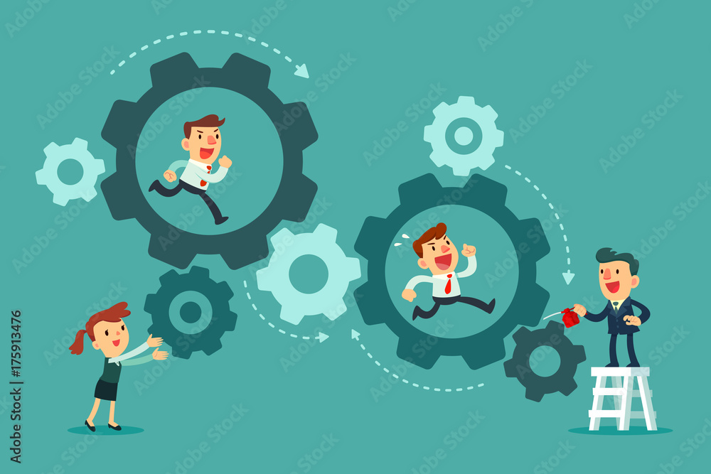 business team running in set of gears mechanism business team running in set of gears mechanism