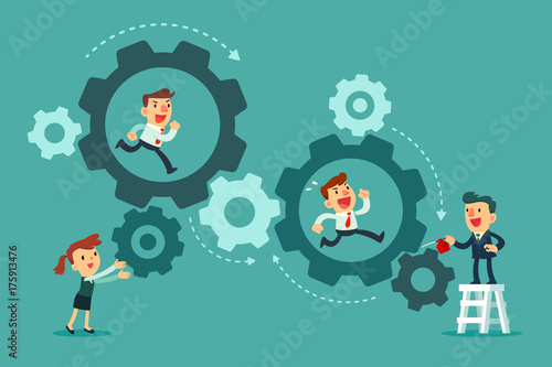 business team running in set of gears mechanism