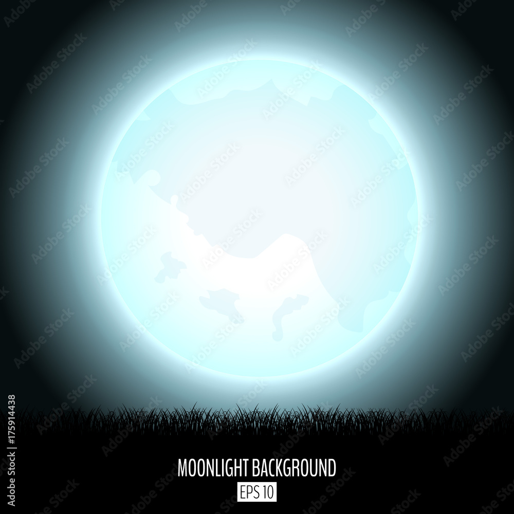 Midnight fool moonlight abstract background with black grass silhouette. Night moon over the horizon.