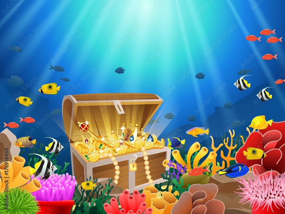 Fototapeta premium Treasure chest in underwater background. Vector illustration