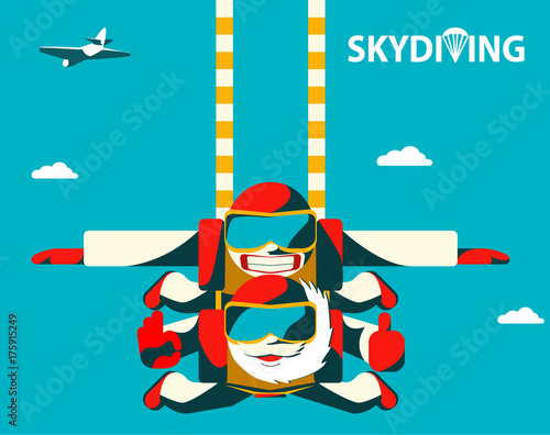 Tandem skydive couple jumping out of the plane. Elderly senior jump with her towheaded tandem instructor. Flat vector illustration.