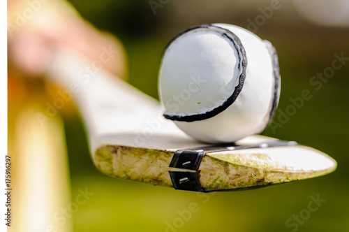 Photos Sloitar (ball) on a hurl, used in the Irish game of Hurling, the fastest ball game in the world