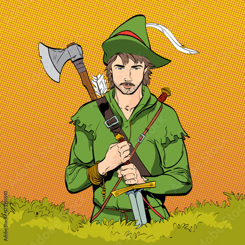 Robin Hood in a hat with feather. Defender of weak. Medieval legends. Heroes of medieval legends. Halftone background.