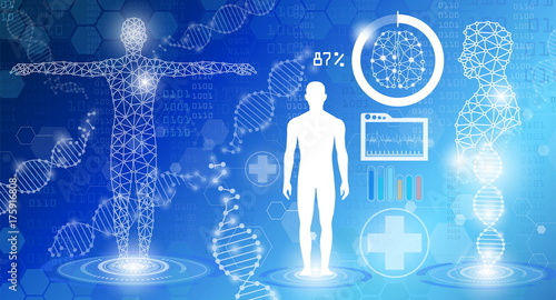 abstract background technology concept in blue light,human body heal, tests analysis clone defective DNA  human,global international medical and technology modern medical science in future  